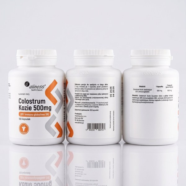 Aliness Colostrum Kozie 500 mg 28% IgG 100 kapsułek — etykieta