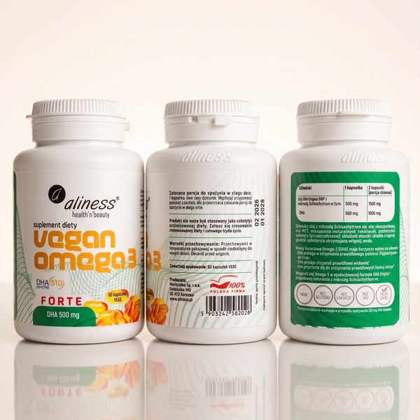 Aliness Vegan Omega 3 Forte DHA 500 mg 60 kapsułek — etykieta