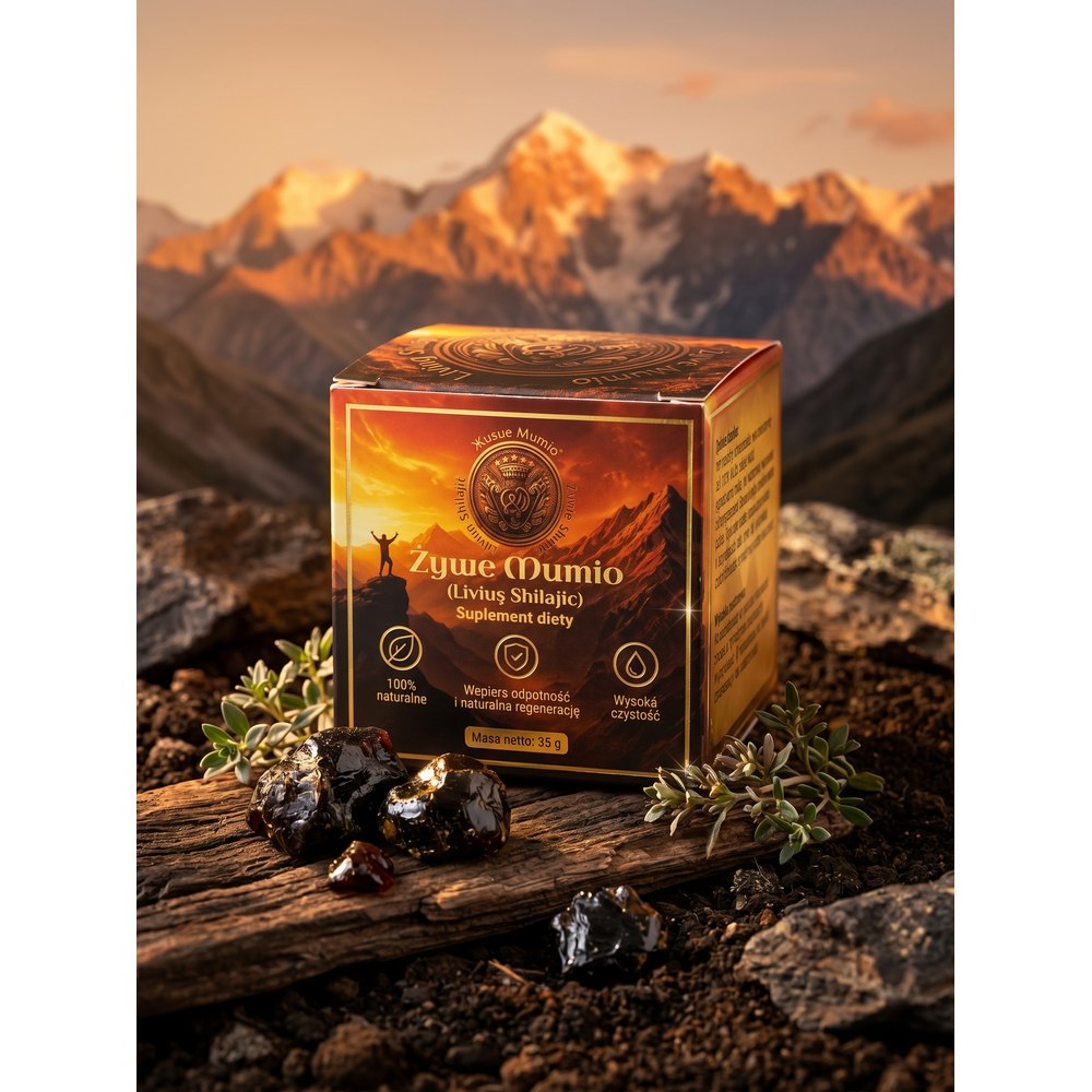 Shilajit Żywe Mumio — pasta w słoiczku ze złotą łyżeczką