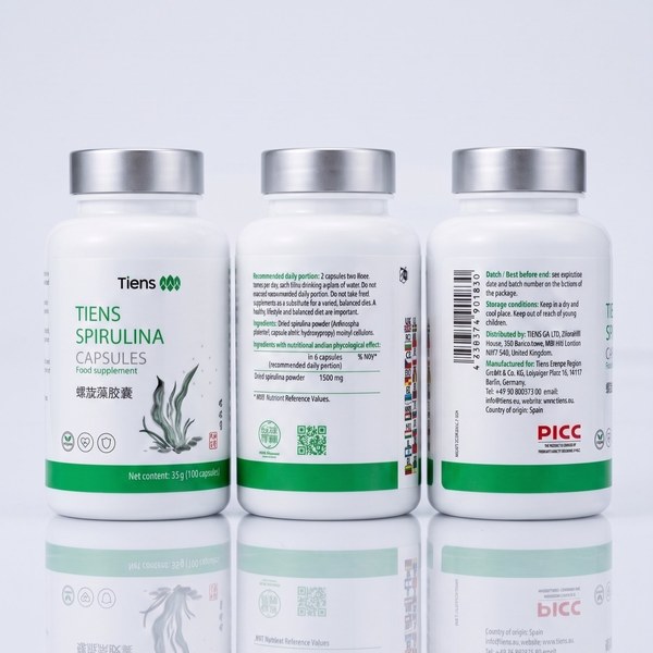 TIENS Spirulina 100 kapsułek — etykieta